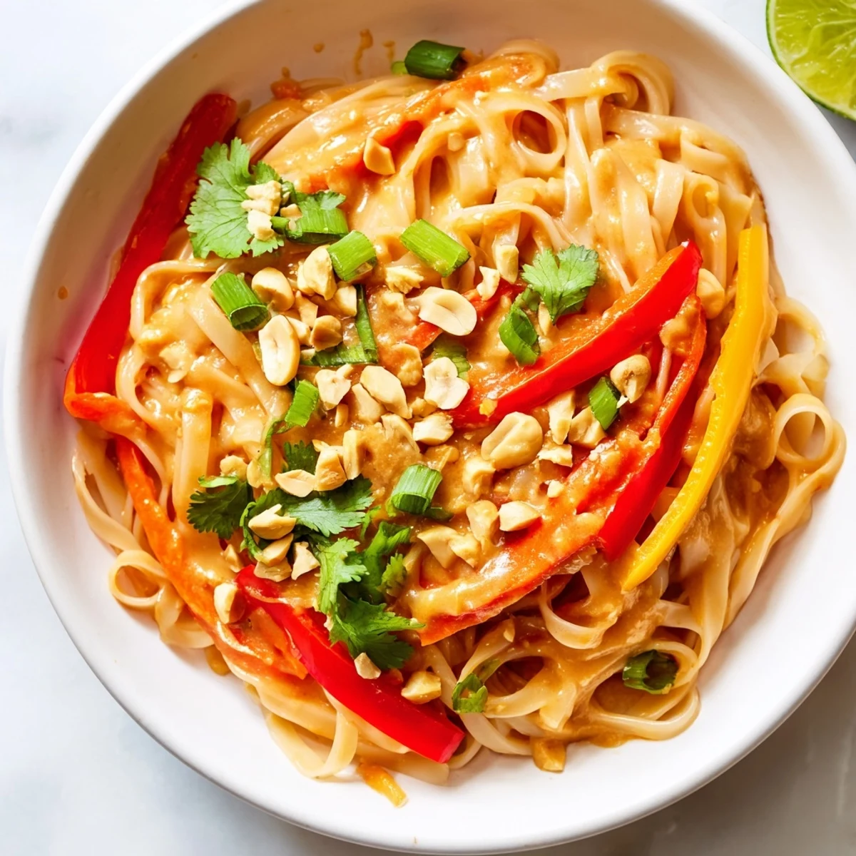 Steaming bowl of Spicy Peanut Noodles with vibrant vegetables and sprinkled peanuts, ready to eat.