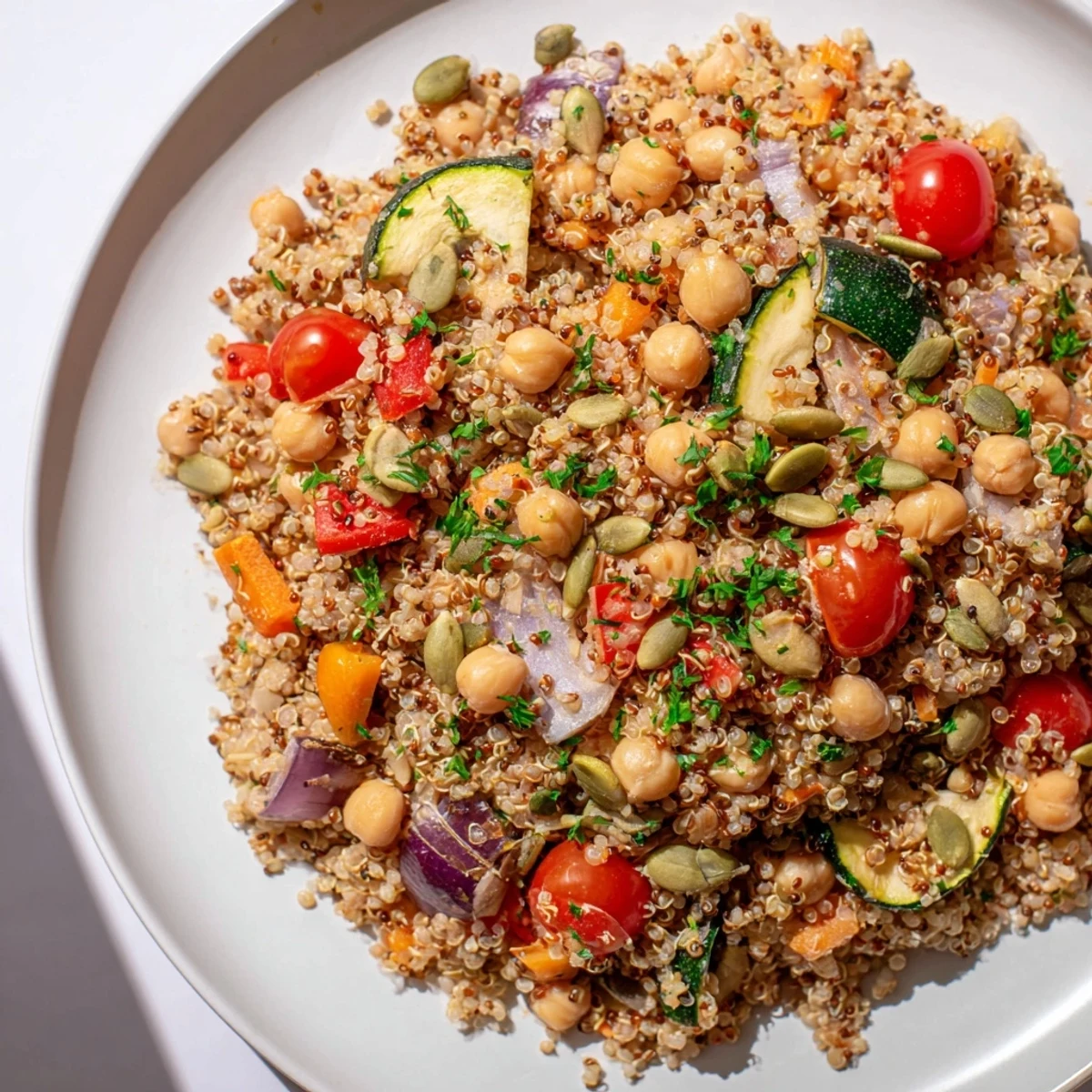 Enjoy a refreshing quinoa power protein salad, featuring vibrant roasted veggies and a zesty lemon-tahini dressing.
