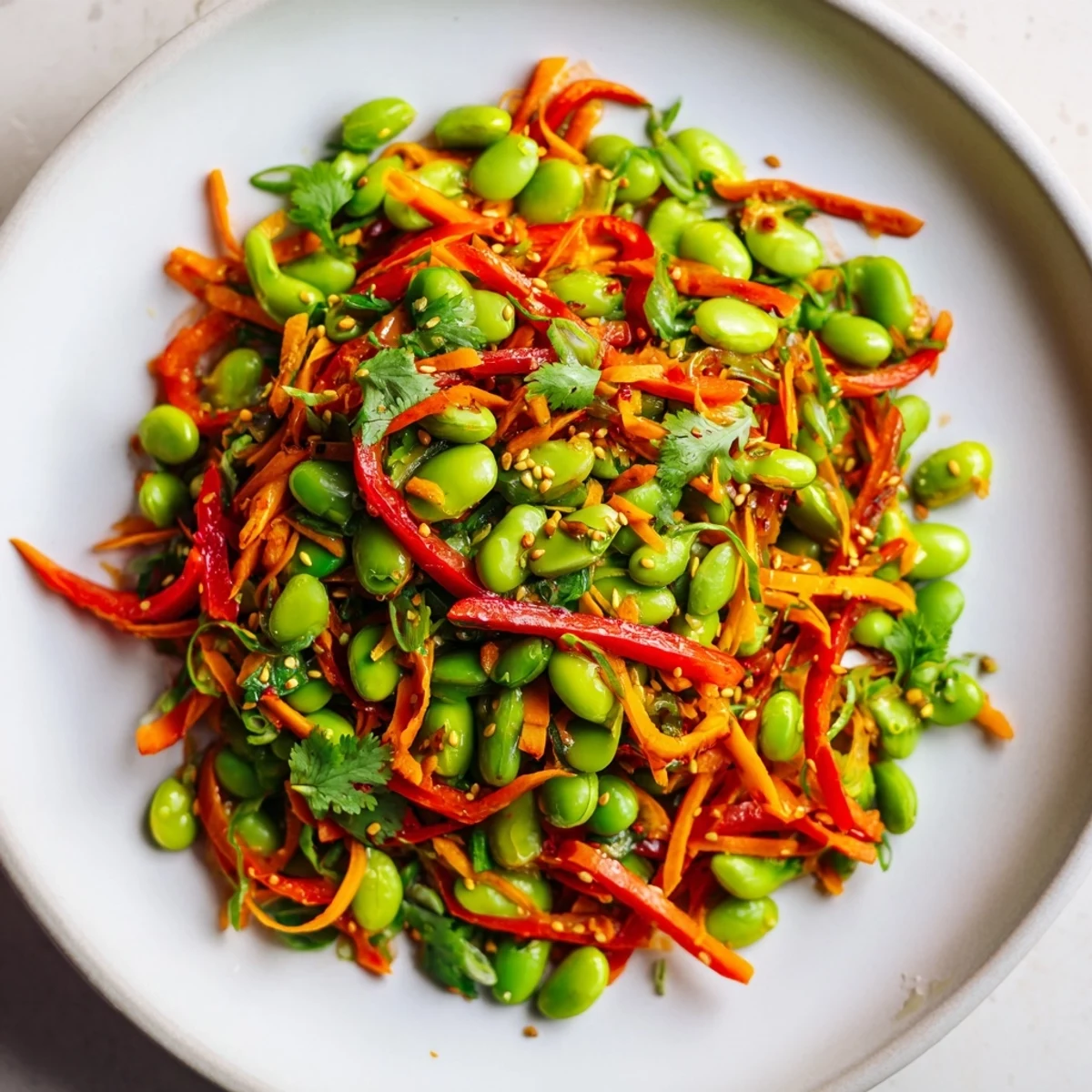 Bright green Asian Edamame Salad with vibrant veggies, tossed in sesame ginger dressing, ready to enjoy.