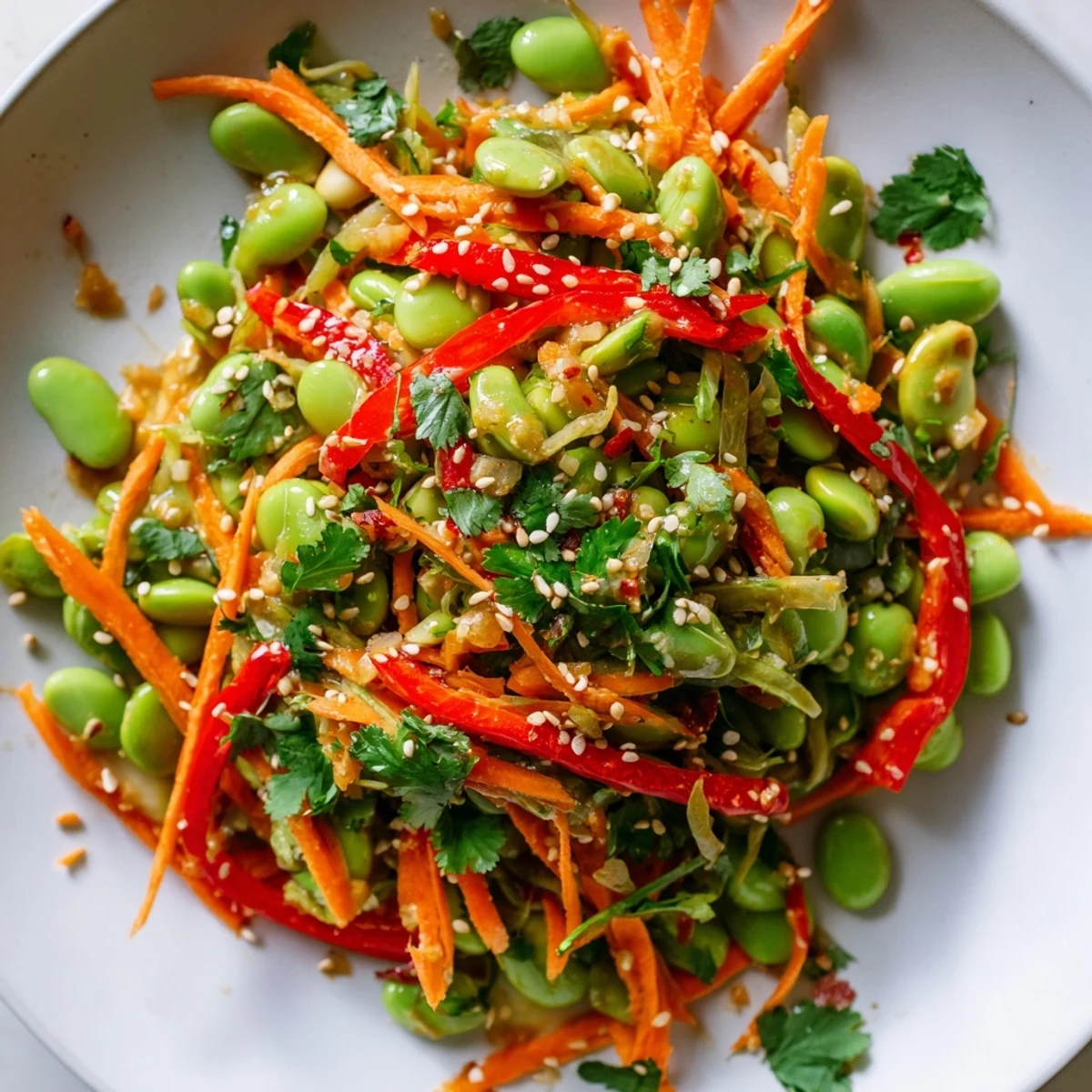 Close-up of a colorful Asian Edamame Salad with toasted sesame seeds for a crunchy bite.