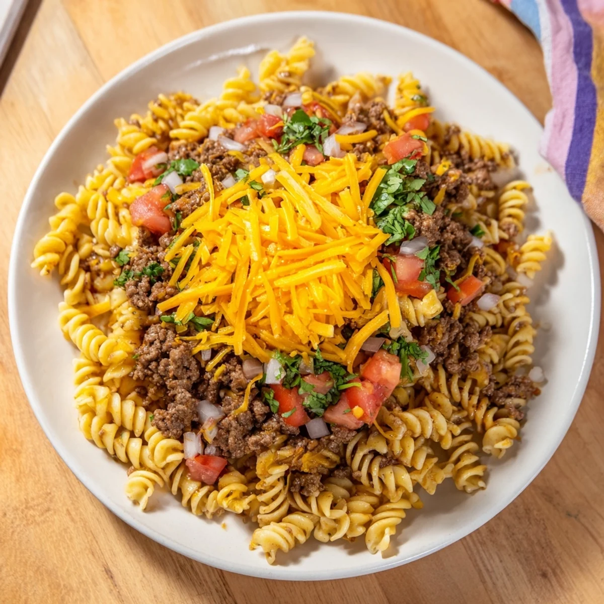 A steaming skillet of Beef Taco Pasta, topped with melted cheddar cheese ready to serve.