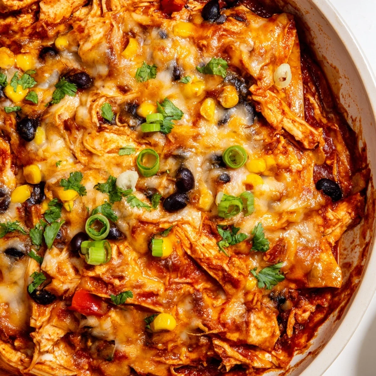 Steaming hot Chicken Enchilada Skillet, brimming with melted cheese, chicken, and savory enchilada sauce.