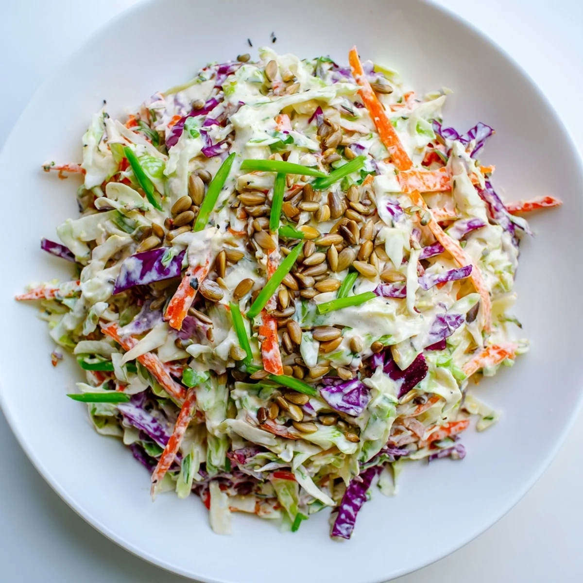 Freshly made crunchy coleslaw salad with vibrant shredded vegetables and creamy dressing.