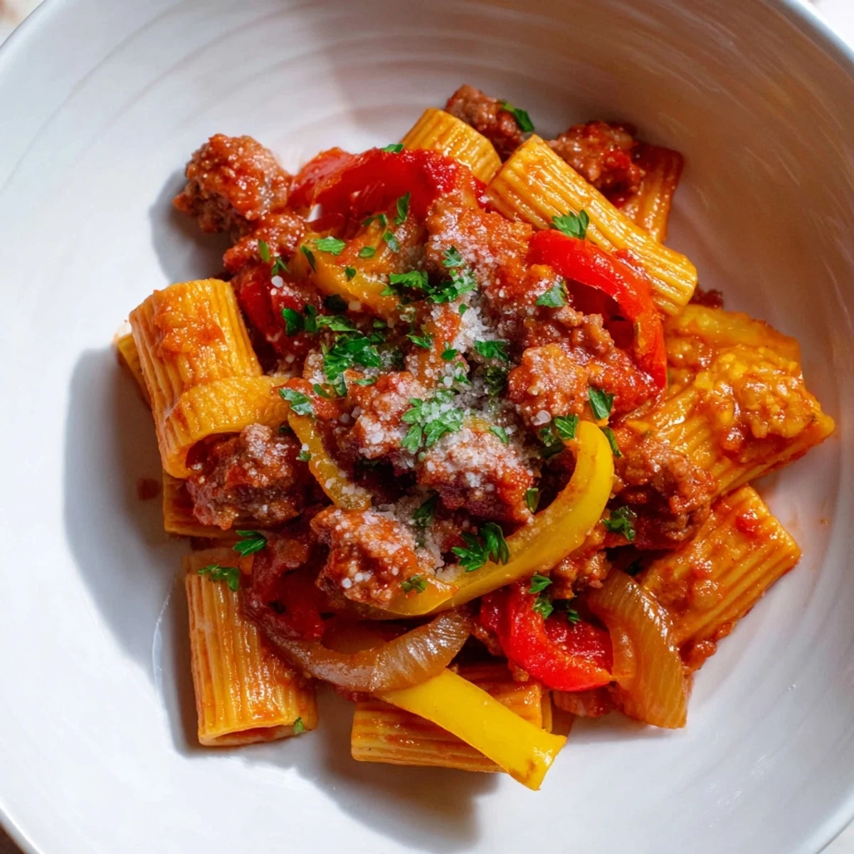 A steaming bowl of sausage and peppers pasta with vibrant bell peppers and rich tomato sauce.