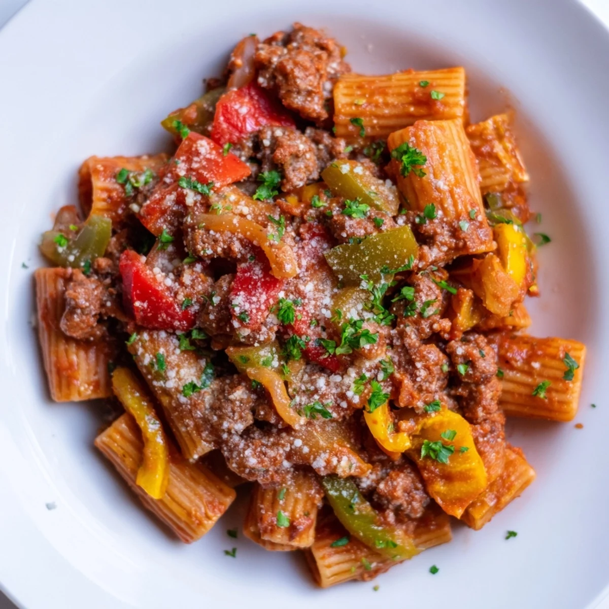 Close-up of savory sausage and peppers pasta, garnished with fresh parsley and Parmesan cheese.