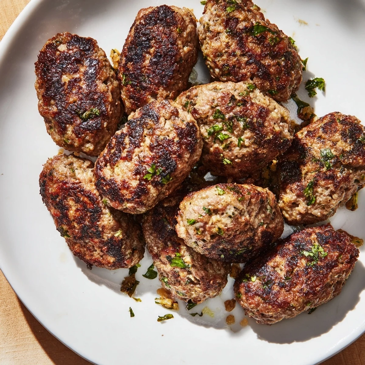 Golden-brown Turkish Köfte meatballs, pan-fried to perfection, are ready to serve with fresh herbs.
