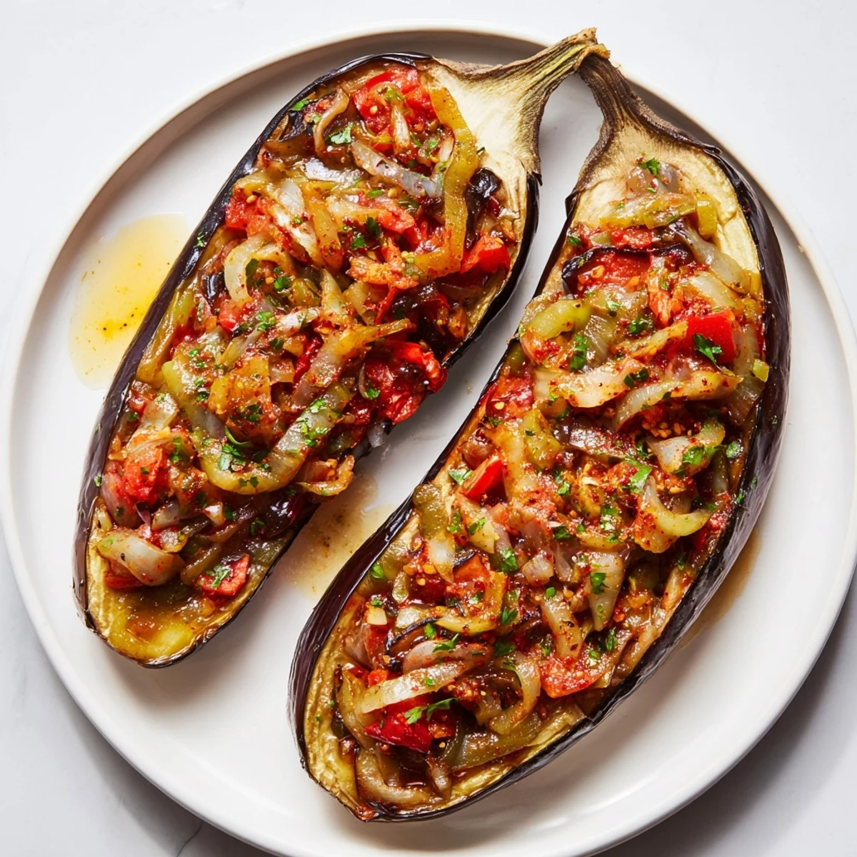 Savory Imam Bayildi, with tender eggplant boats brimming with a flavorful, spiced vegetable filling.