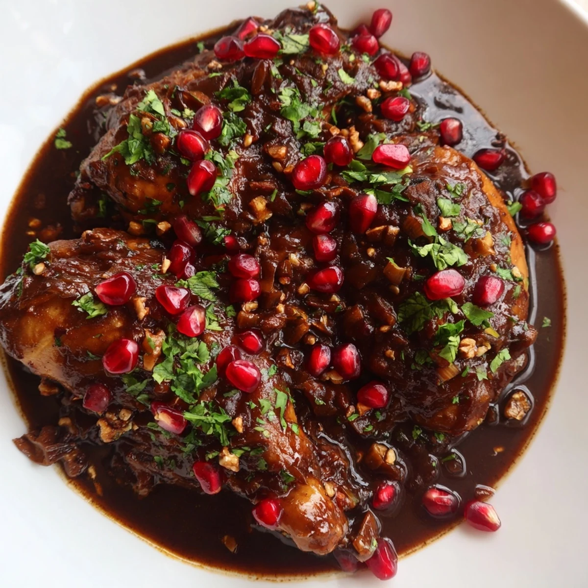 Tender, glistening Iranian Fesenjan stew, a deeply flavored Persian dish bursting with walnuts and pomegranate.