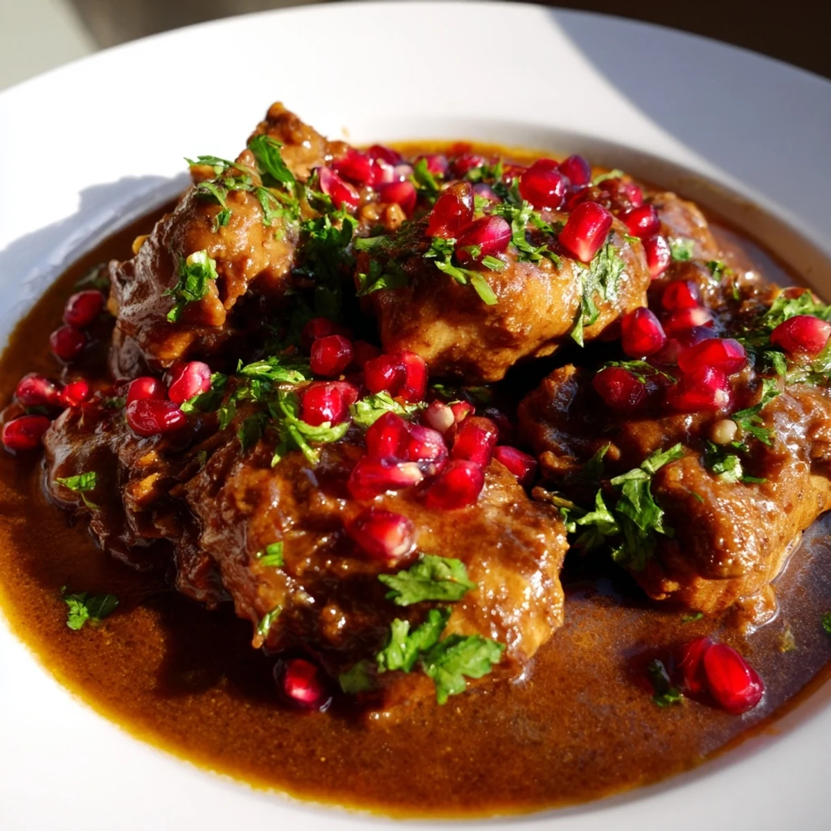 Rich and savory Iranian Fesenjan, showcasing chicken in a thick, dark sauce, ready to be served.