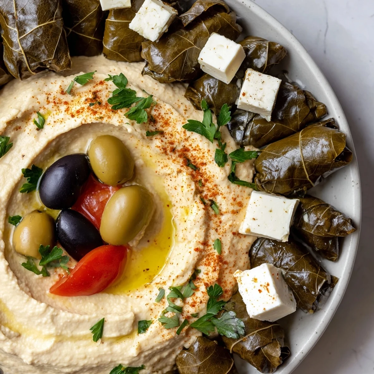 This delightful Turkish Meze Platter includes olives, various cheeses, and inviting stuffed grape leaves.
