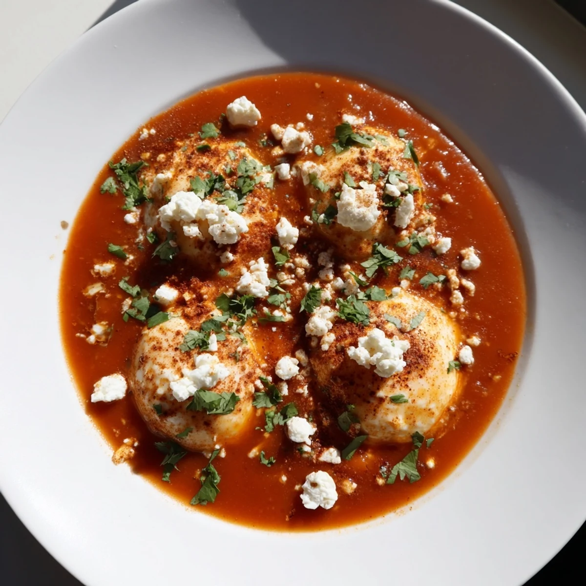 Israeli Shakshuka with runny yolks, invitingly served with fresh herbs, ready to be enjoyed.