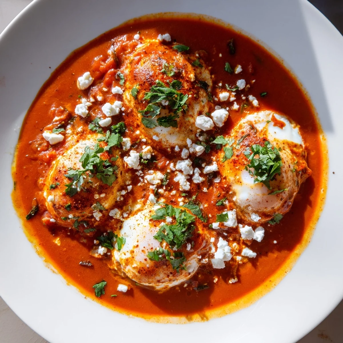 A skillet of simmering Israeli Shakshuka, the vibrant tomato sauce enveloping poached eggs perfectly.