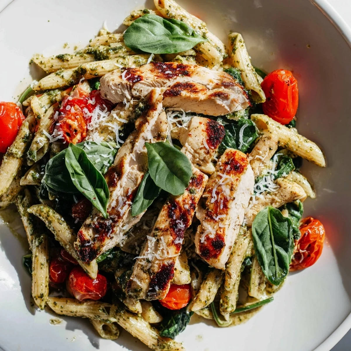 Creamy pesto chicken pasta with Parmesan, a quick and easy weeknight meal idea.