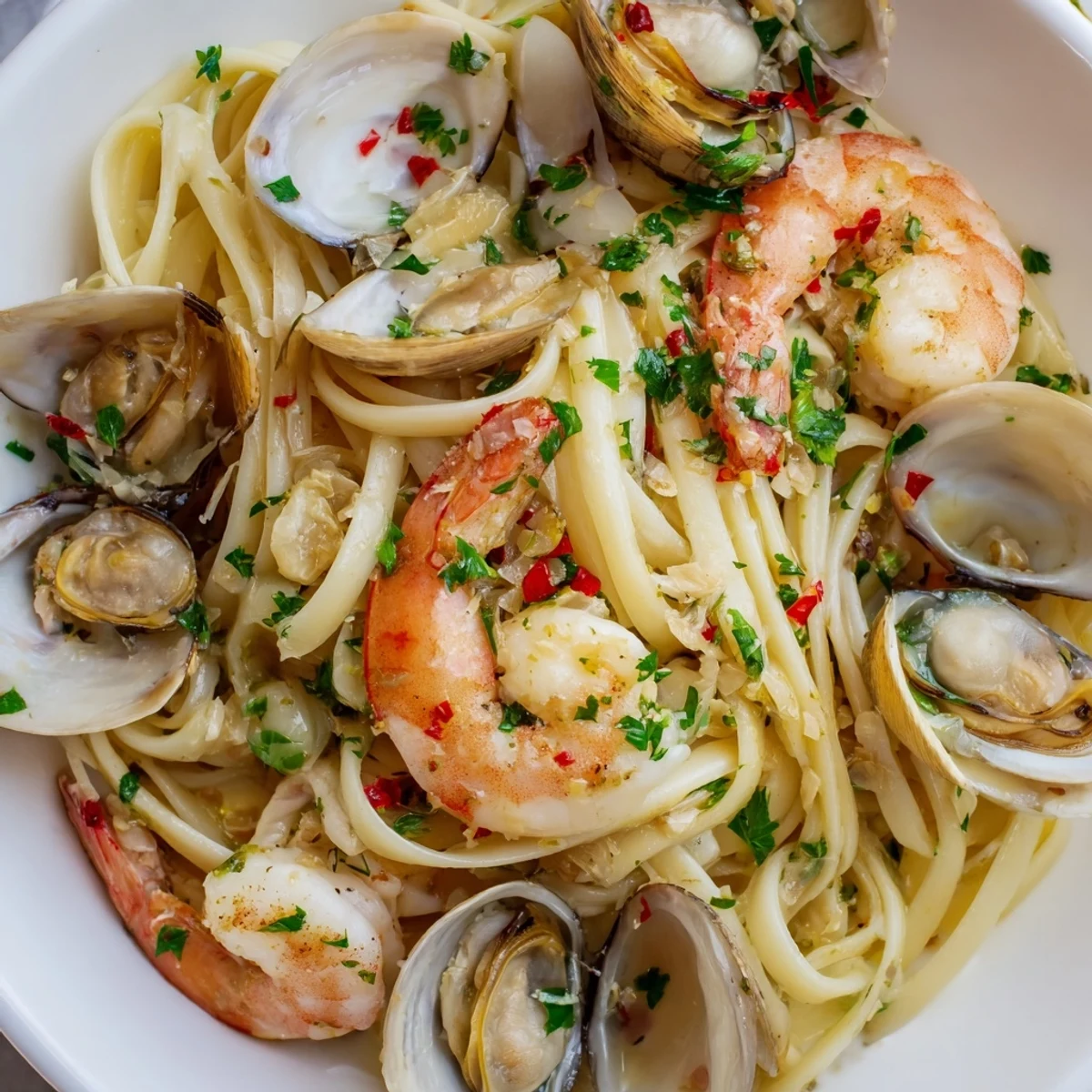 Delicious seafood linguine with shrimp, clams, and mussels in a garlic-wine sauce, ready to serve.