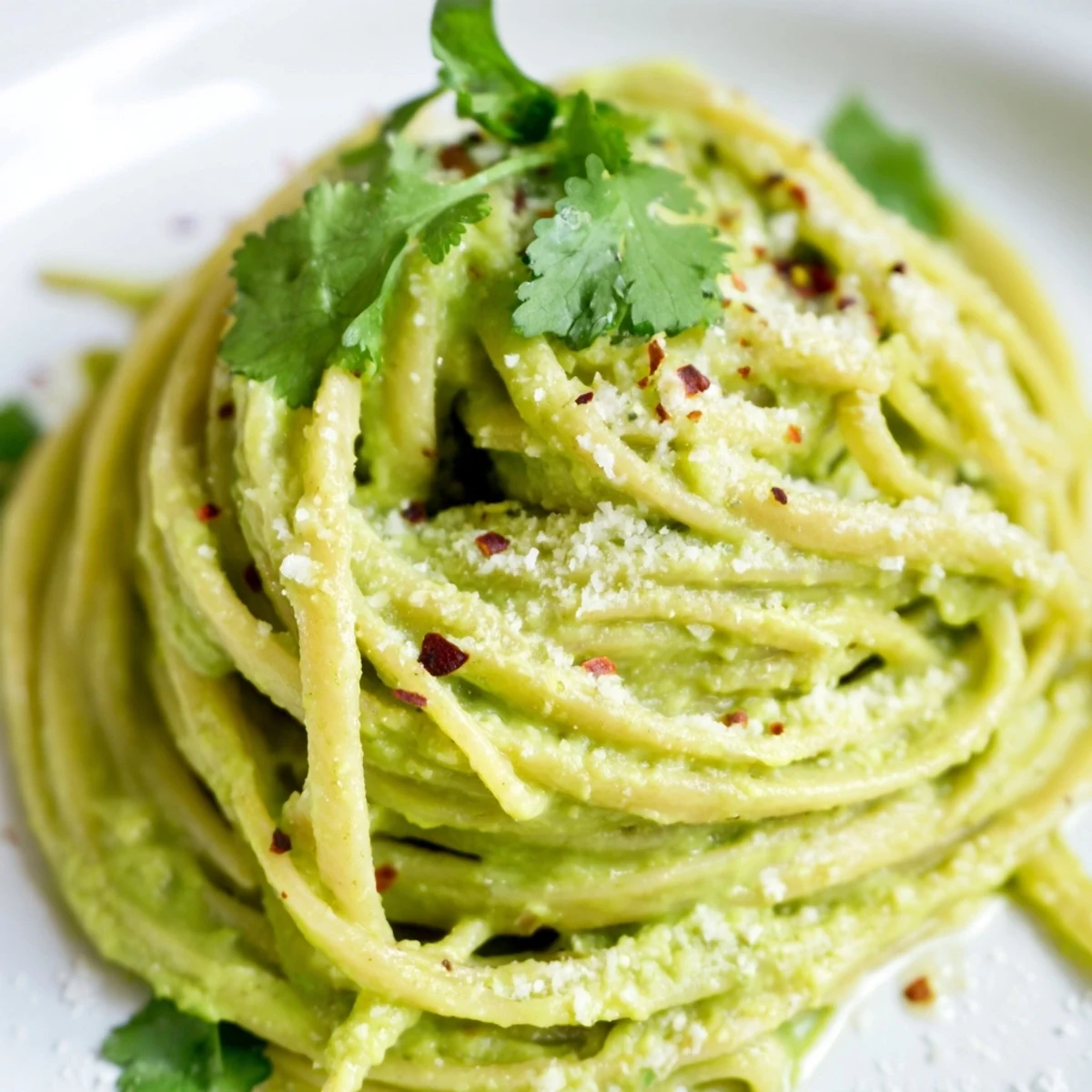 Bright green Smashed Avocado Pasta coated spaghetti, garnished with fresh basil, for a delicious lunch.