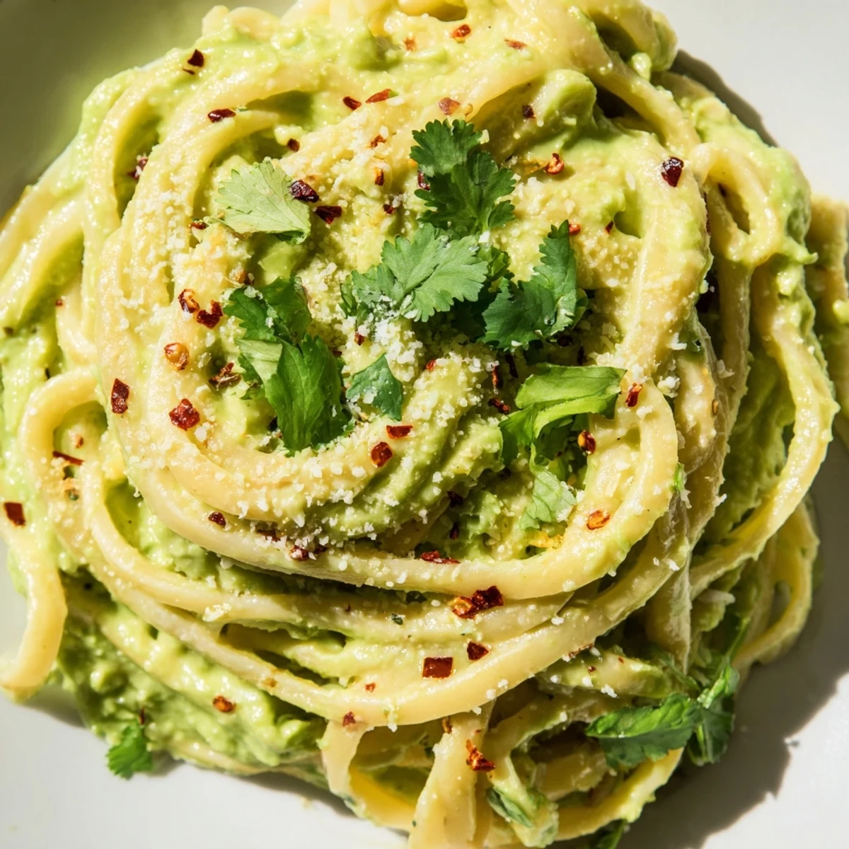 Creamy Smashed Avocado Pasta with lime and chili flakes, ready to serve with Parmesan cheese.