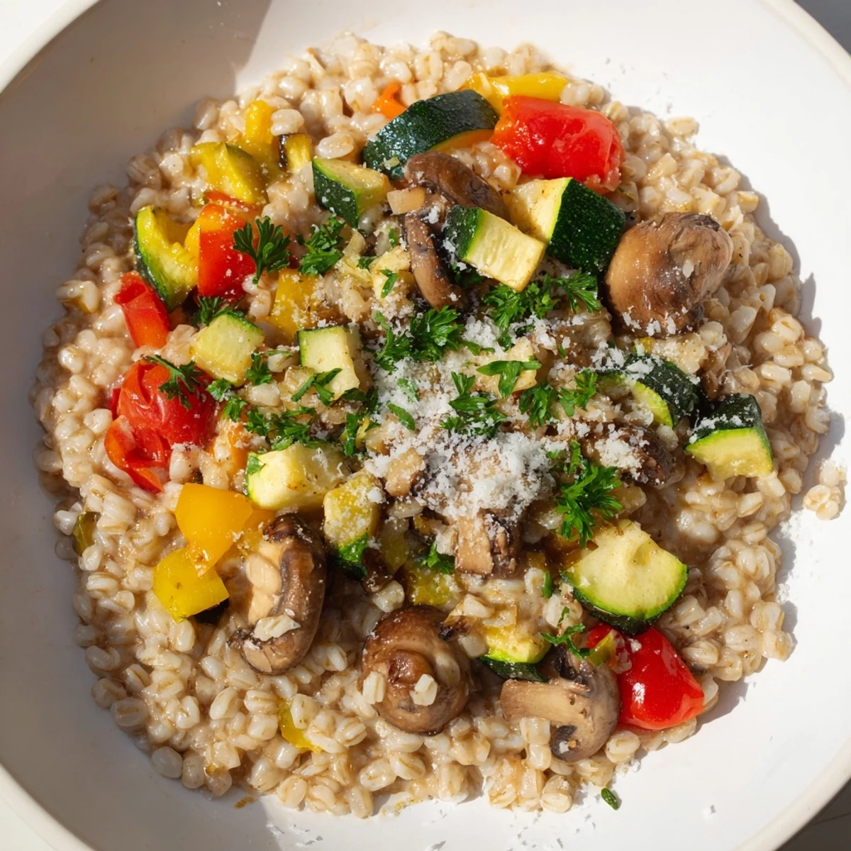 A warm bowl of Pearled Barley Creamy Bowl, featuring roasted vegetables and fresh parsley.