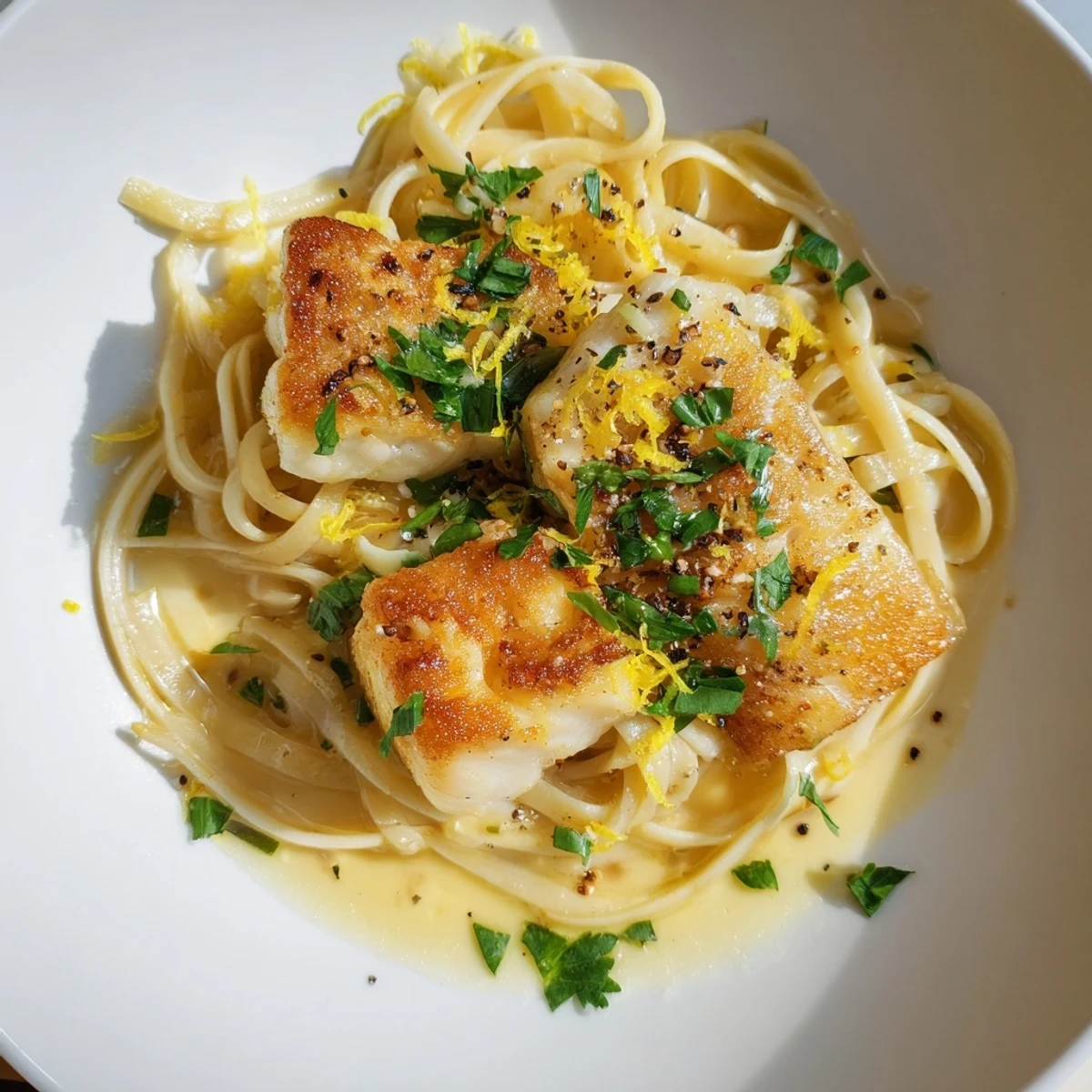 Close-up of Crispy Fish Pasta: golden fish flakes, spaghetti, and a squeeze of fresh lemon juice.