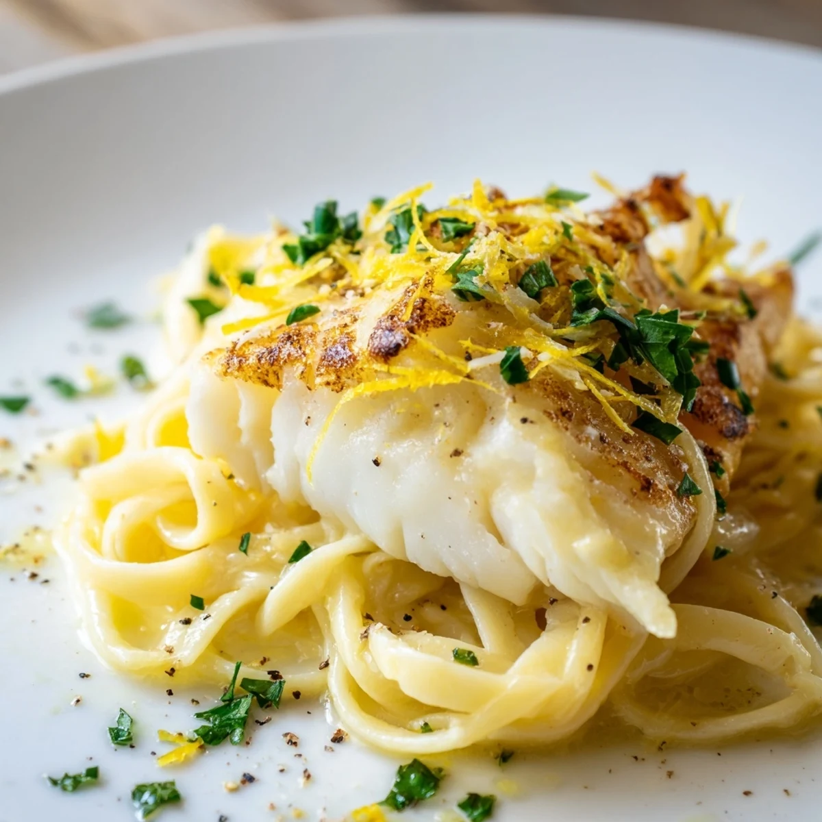 Golden, flaky Crispy Fish Pasta with bright lemon hints and fresh parsley, ready to enjoy.