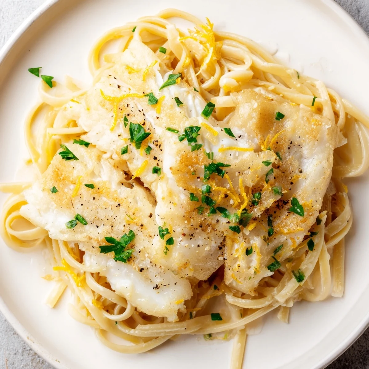 Tantalizing image of crispy golden fish atop pasta in this delicious Crispy Fish Pasta creation.