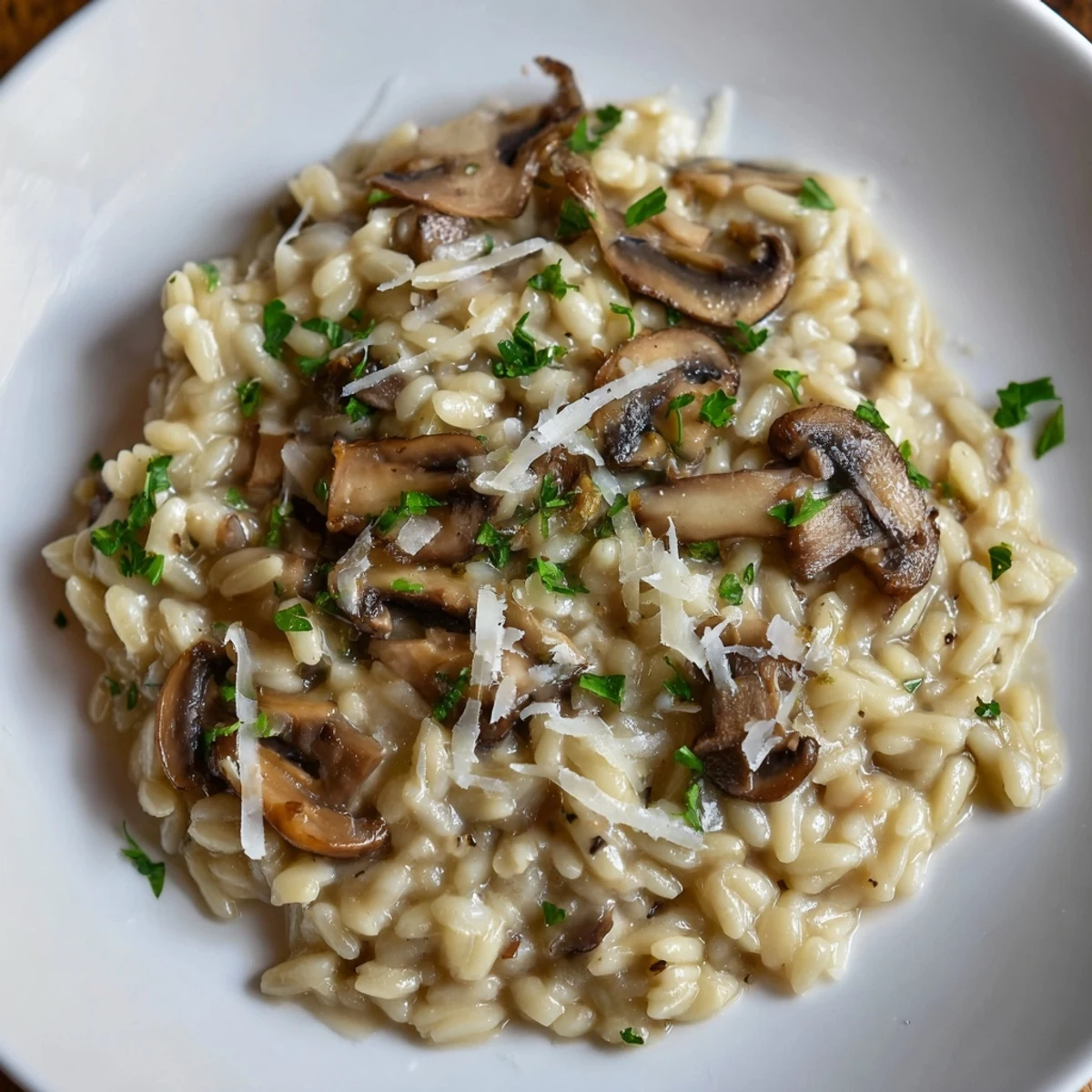 Earthy mushroom orzo risotto-style, cooked with vegetable broth and finished with fresh parsley garnish.