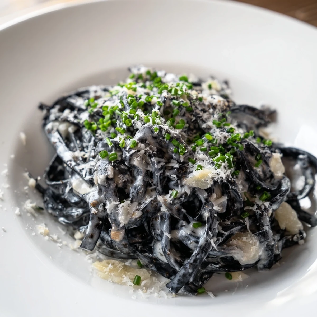 Enjoy rich dark squid ink pasta sauced to perfection, beautifully garnished and ready for a special meal.