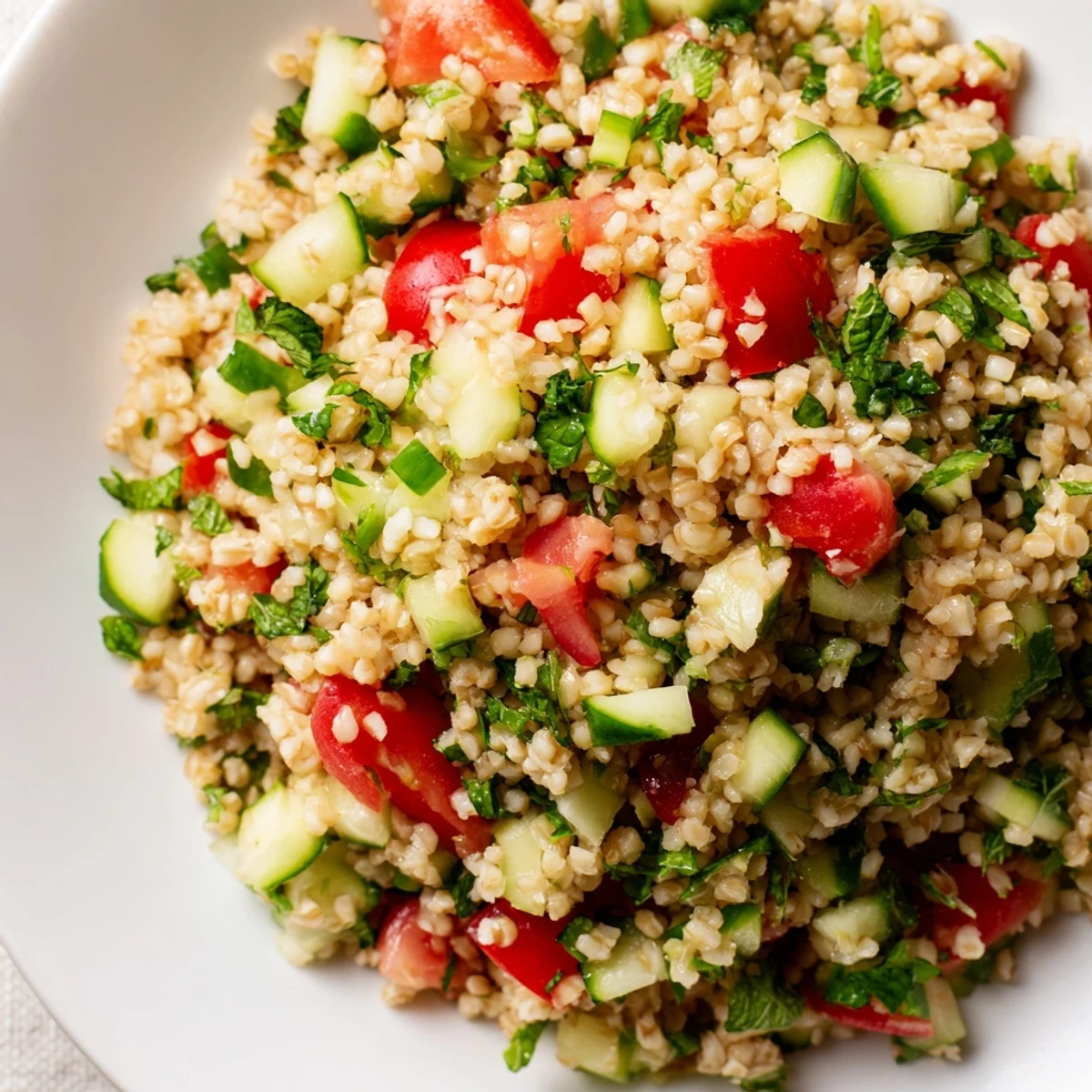 Text: This bright Bulgur Wheat Salad Tabbouleh features diced tomatoes and cucumbers, ready to be enjoyed.