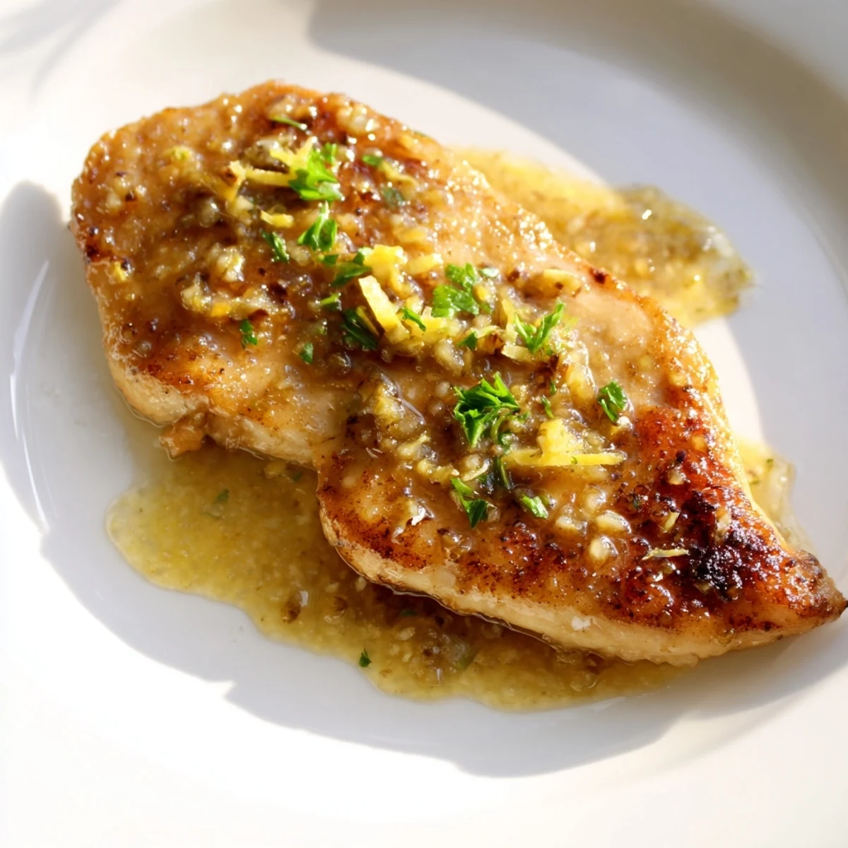 Juicy Lemon Pepper Chicken breasts pan-seared golden, drizzled with bright lemon butter sauce and fresh parsley garnish.