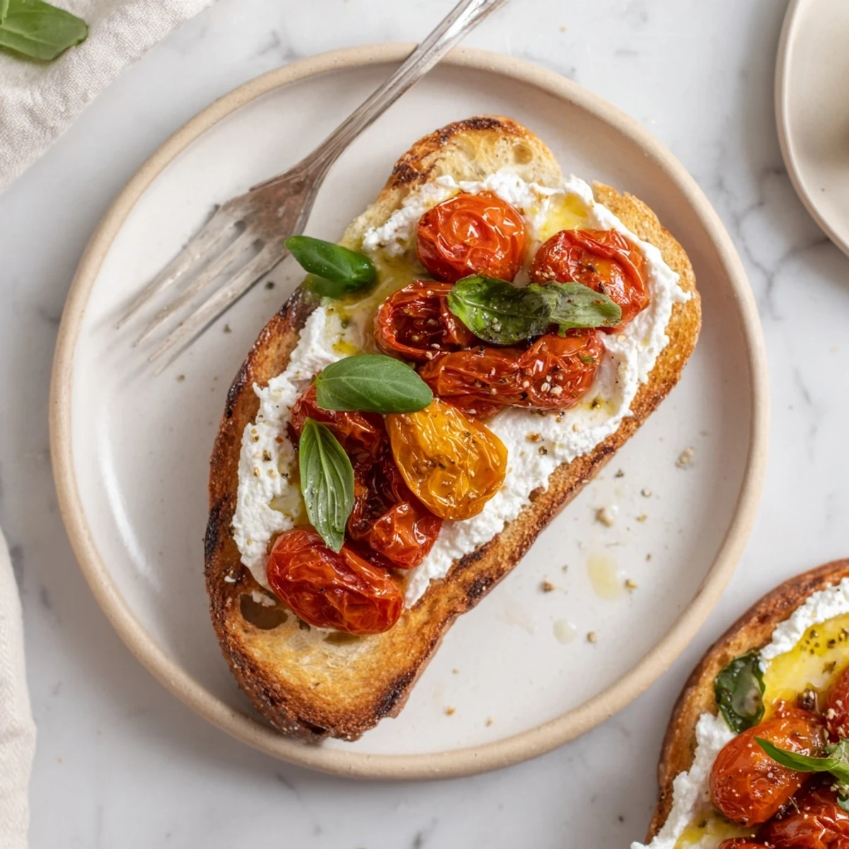 Creamy whipped ricotta and sweet roasted cherry tomatoes piled high on golden, crusty sourdough toast, garnished with fresh basil and a drizzle of olive oil.