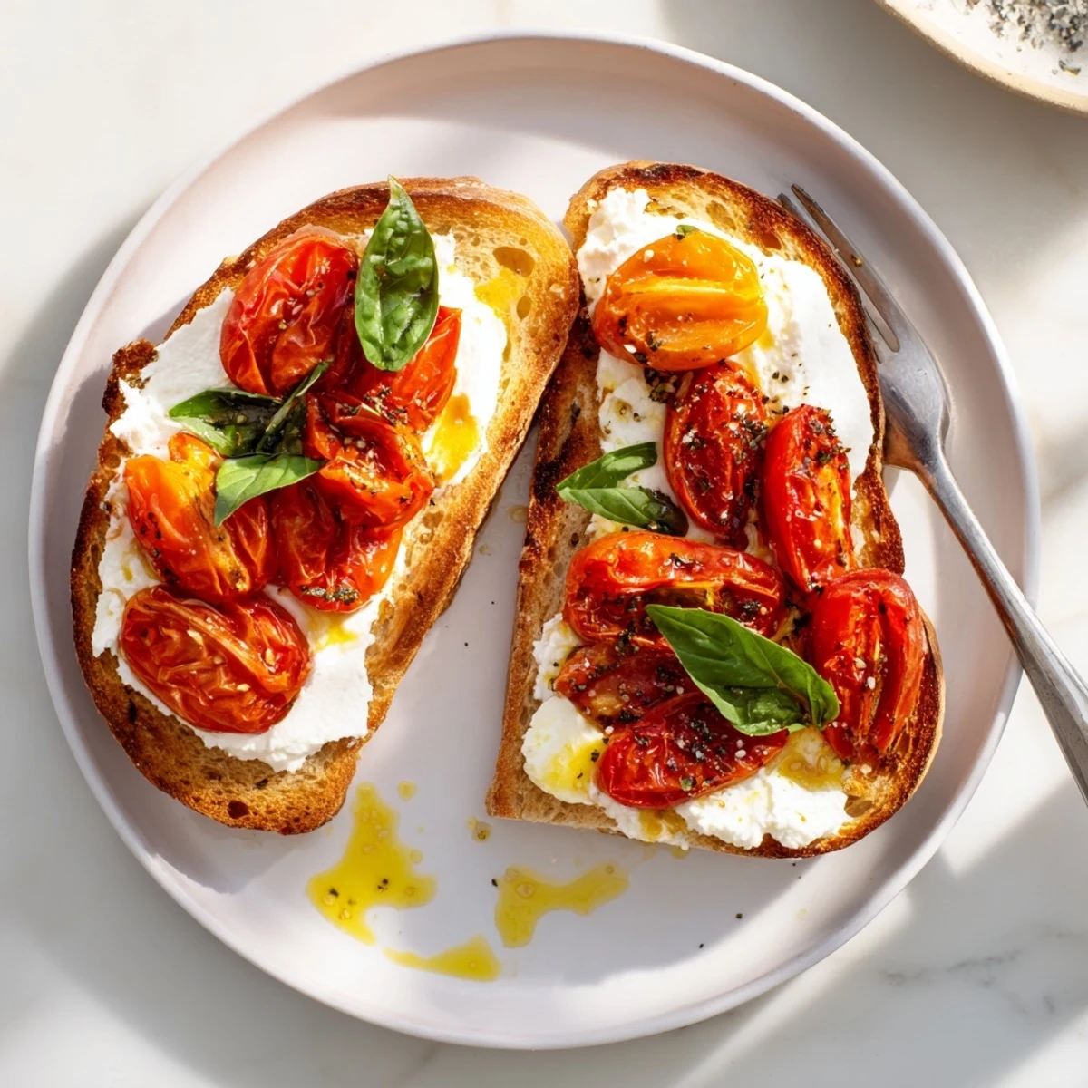 Freshly roasted cherry tomatoes resting on fluffy ricotta spread on toasted sourdough, with basil leaves and a light drizzle of extra virgin olive oil.