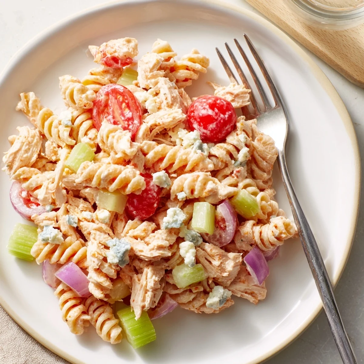 Rotini pasta, red bell pepper, celery, and shredded chicken coated in tangy buffalo sauce, mixed with a creamy ranch dressing and scattered with blue cheese crumbles and fresh chives for a cool, hearty summer side.  