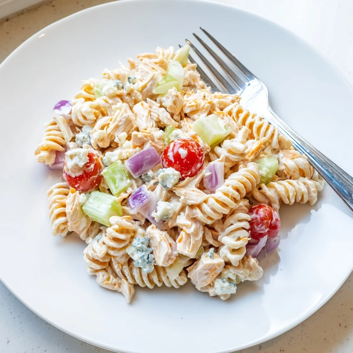 Colorful Buffalo Chicken Pasta Salad in a white bowl: tender rotini, shredded buffalo chicken, crunchy celery, and creamy ranch dressing, topped with blue cheese crumbles and fresh chives, ready for a picnic or potluck.