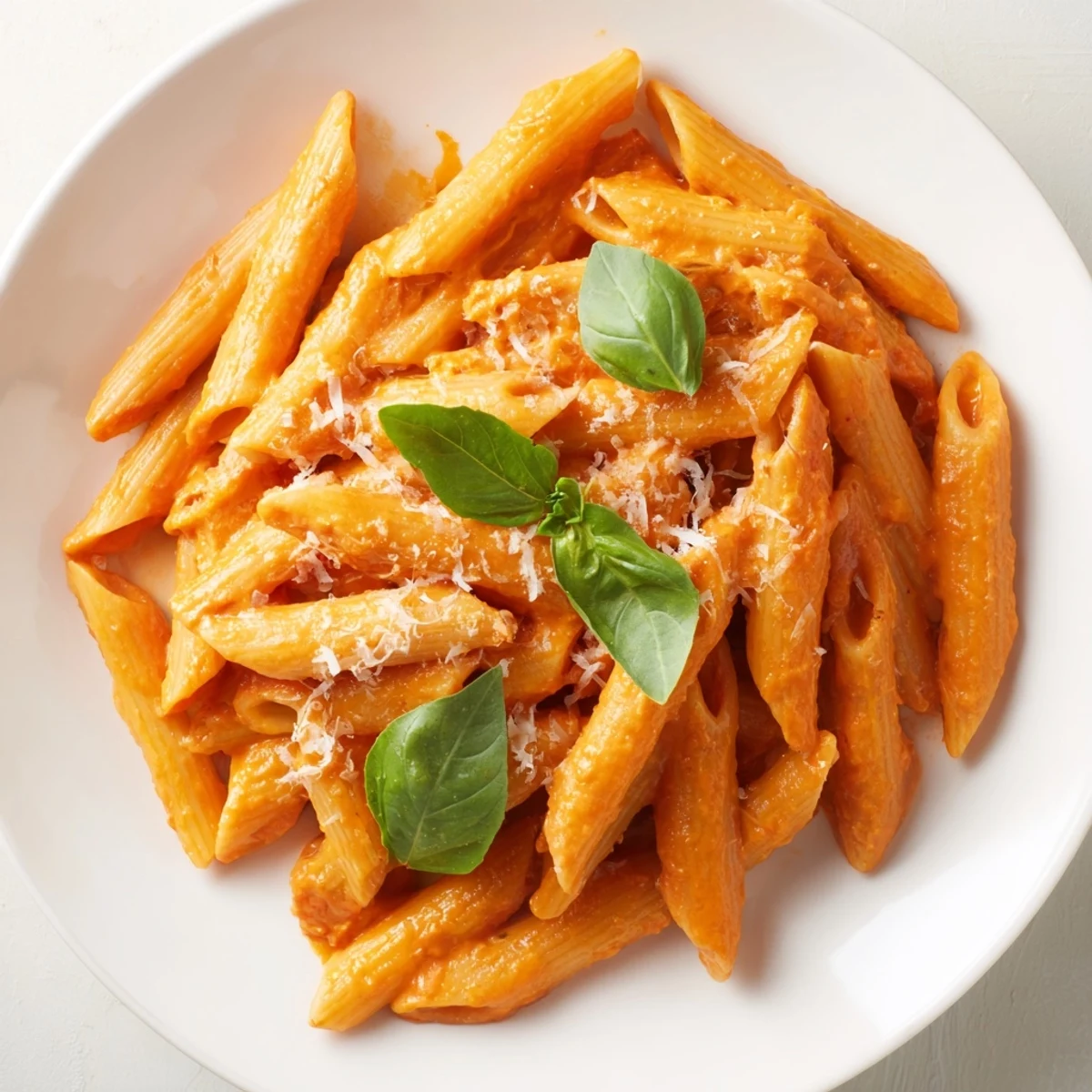 Creamy Roasted Red Pepper Pasta in a white bowl, garnished with fresh basil and grated Parmesan.