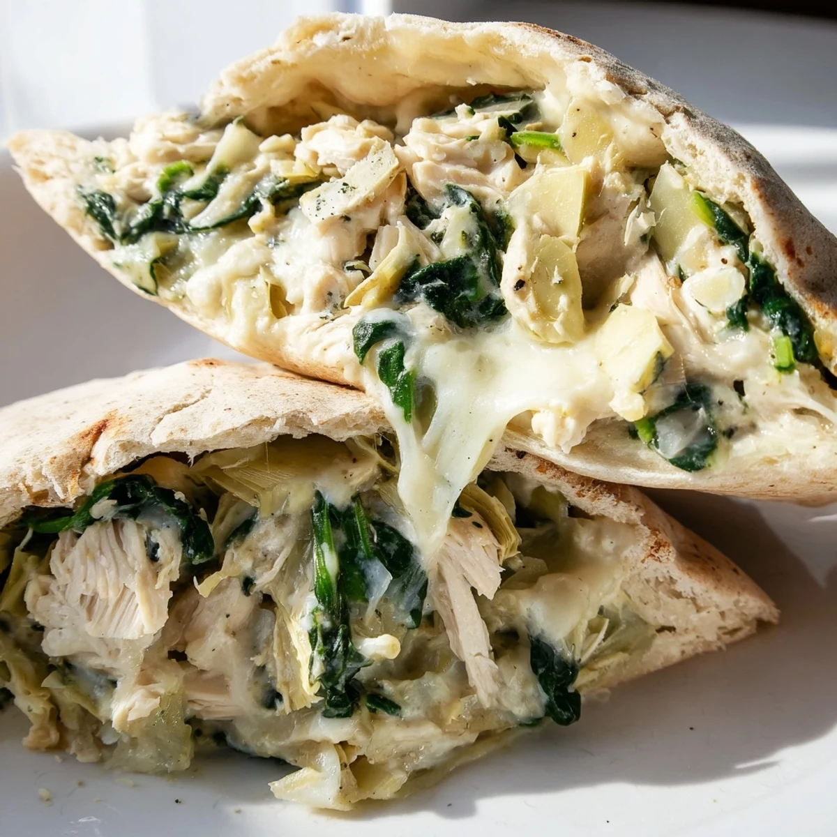 Baked Spinach Artichoke Chicken Stuffed Pita served warm, perfect for a light lunch.