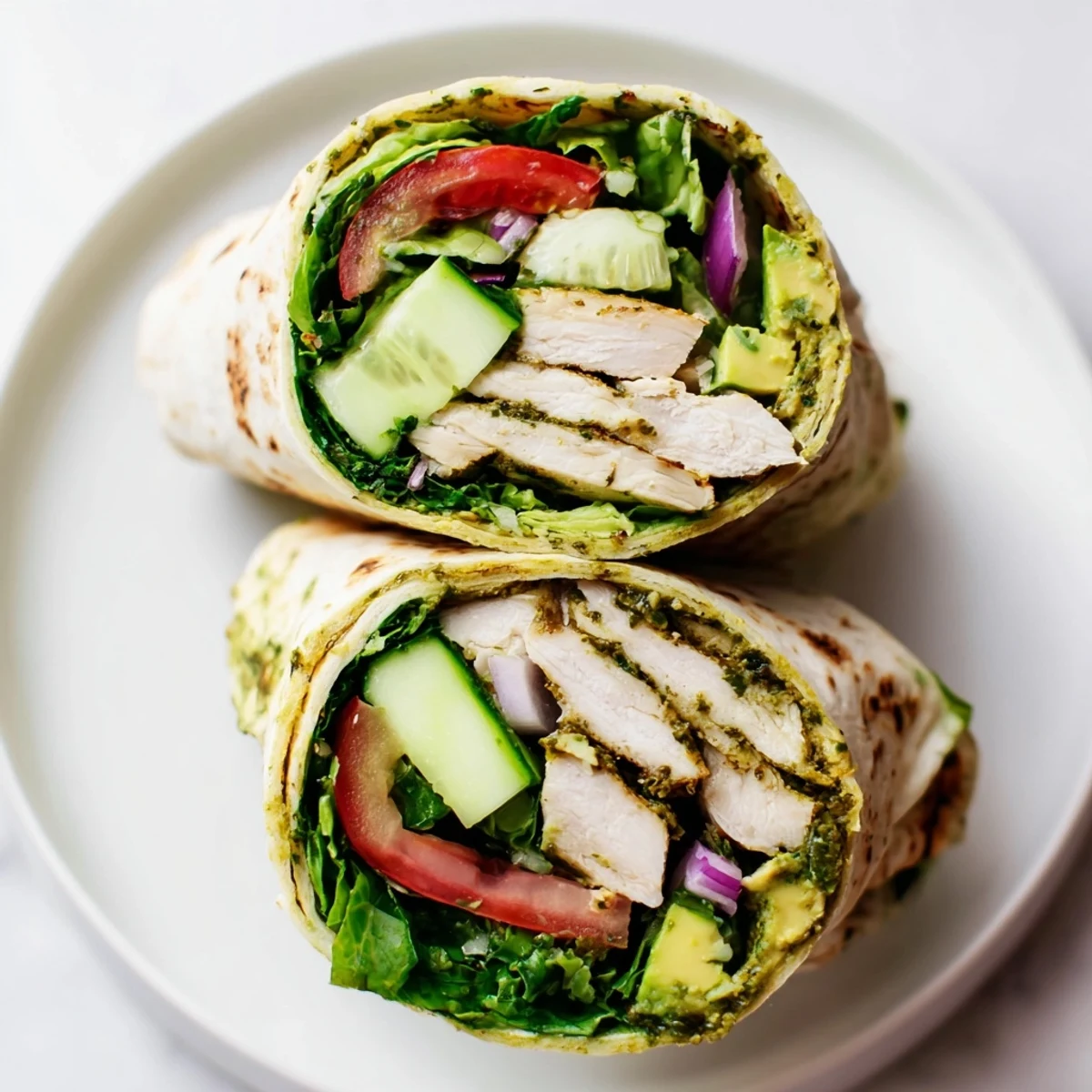 Assembled Chimichurri Chicken Salad Wrap on a rustic table, layered with greens, tomato, and red onion, drizzled with zesty green sauce.