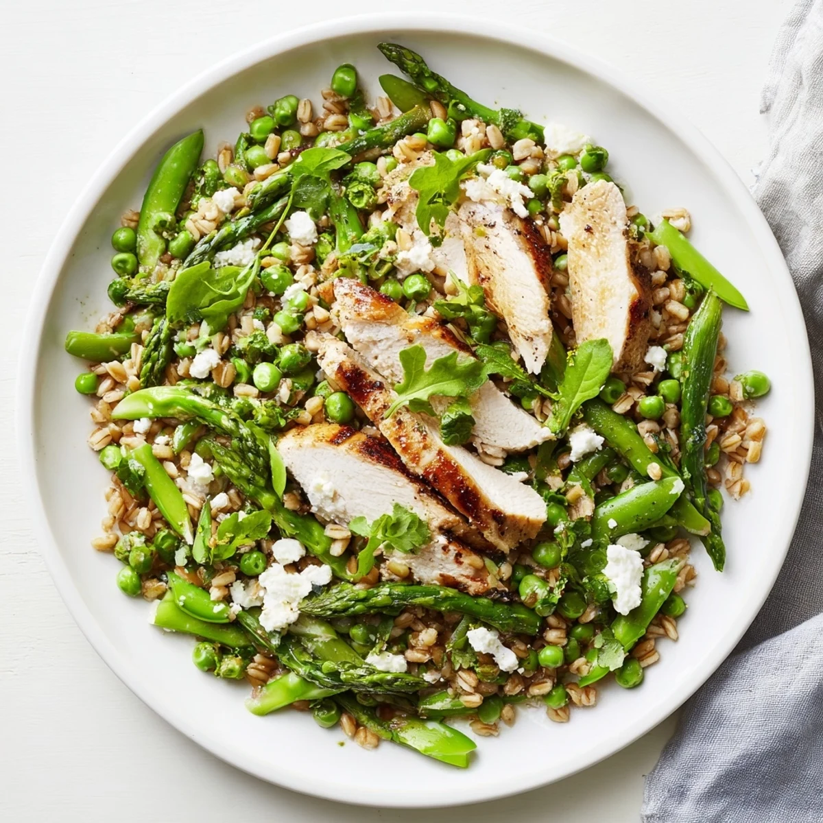 Bright lemon vinaigrette coats the wholesome Warm Spring Farro Chicken Salad with peas and arugula.  