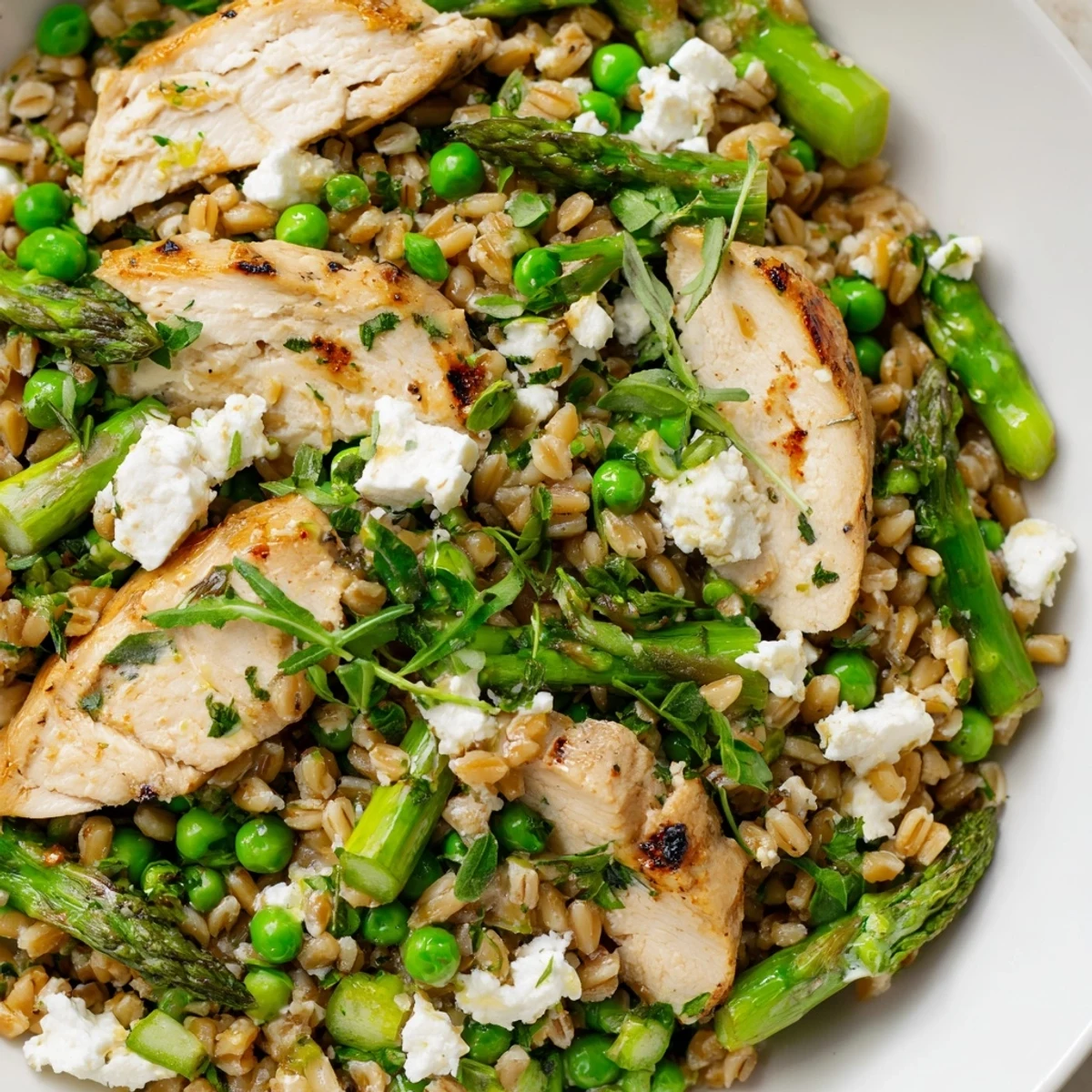 Sliced chicken and feta garnish this Warm Spring Farro Chicken Salad, served fresh for a light meal.