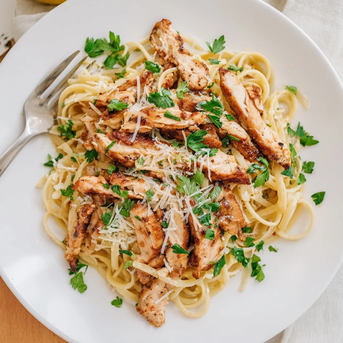 A close-up of Brown Butter Lemon Chicken Pasta shows nutty brown butter sauce clinging to spaghetti, chicken, and lemon zest.