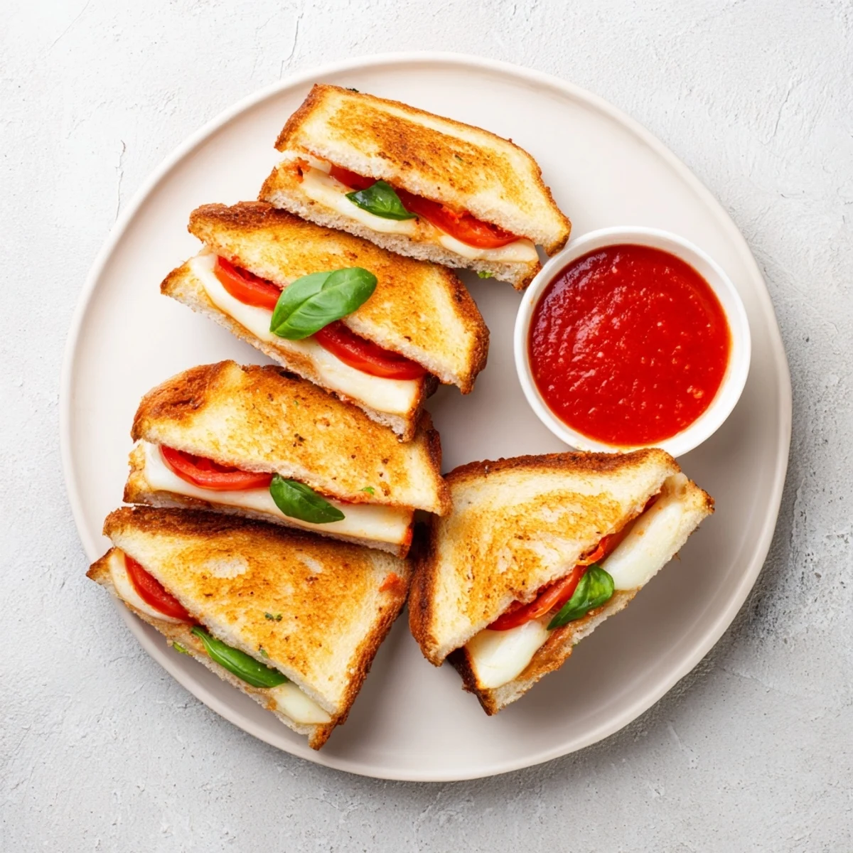 Golden, melty Caprese Grilled Cheese Dippers with fresh tomatoes and basil, served warm with marinara for dipping.