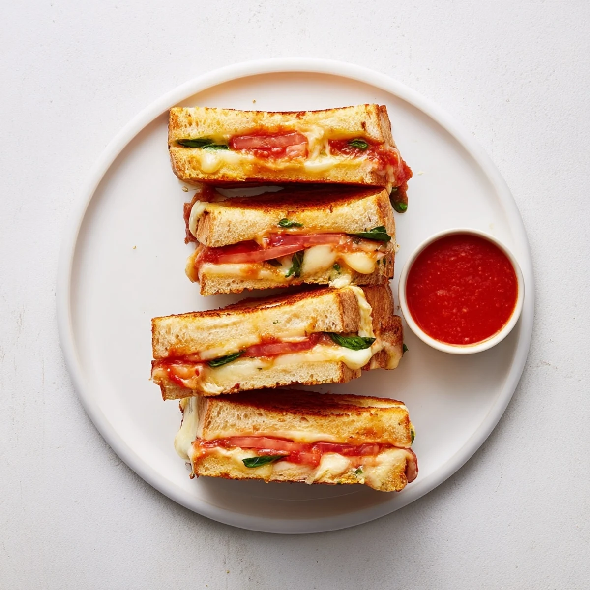 Crisp sourdough slices of Caprese Grilled Cheese Dippers, layered with mozzarella and basil, cut into dippable strips.