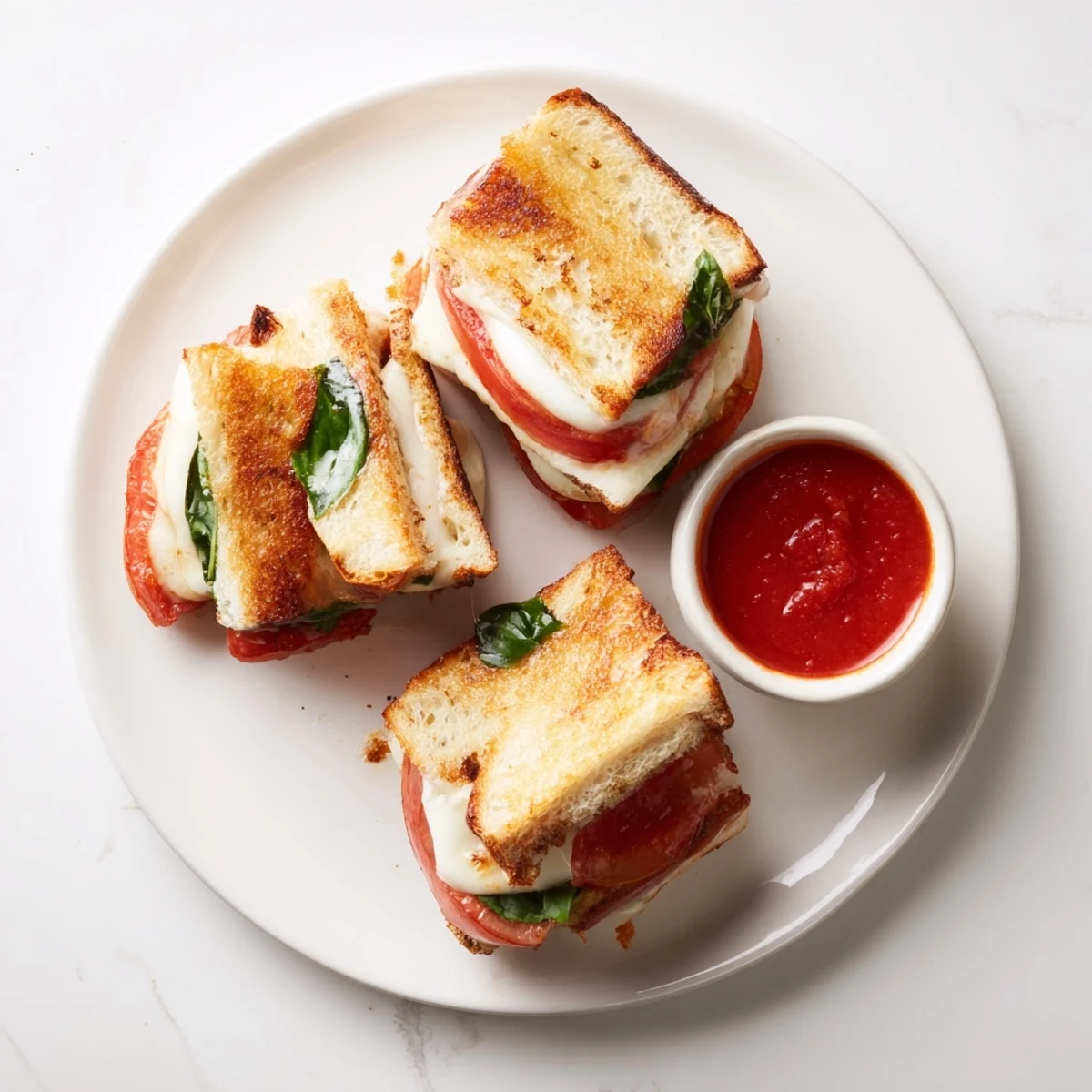 Steam rising from warm Caprese Grilled Cheese Dippers, golden bread outside and melted cheese inside, paired with marinara.