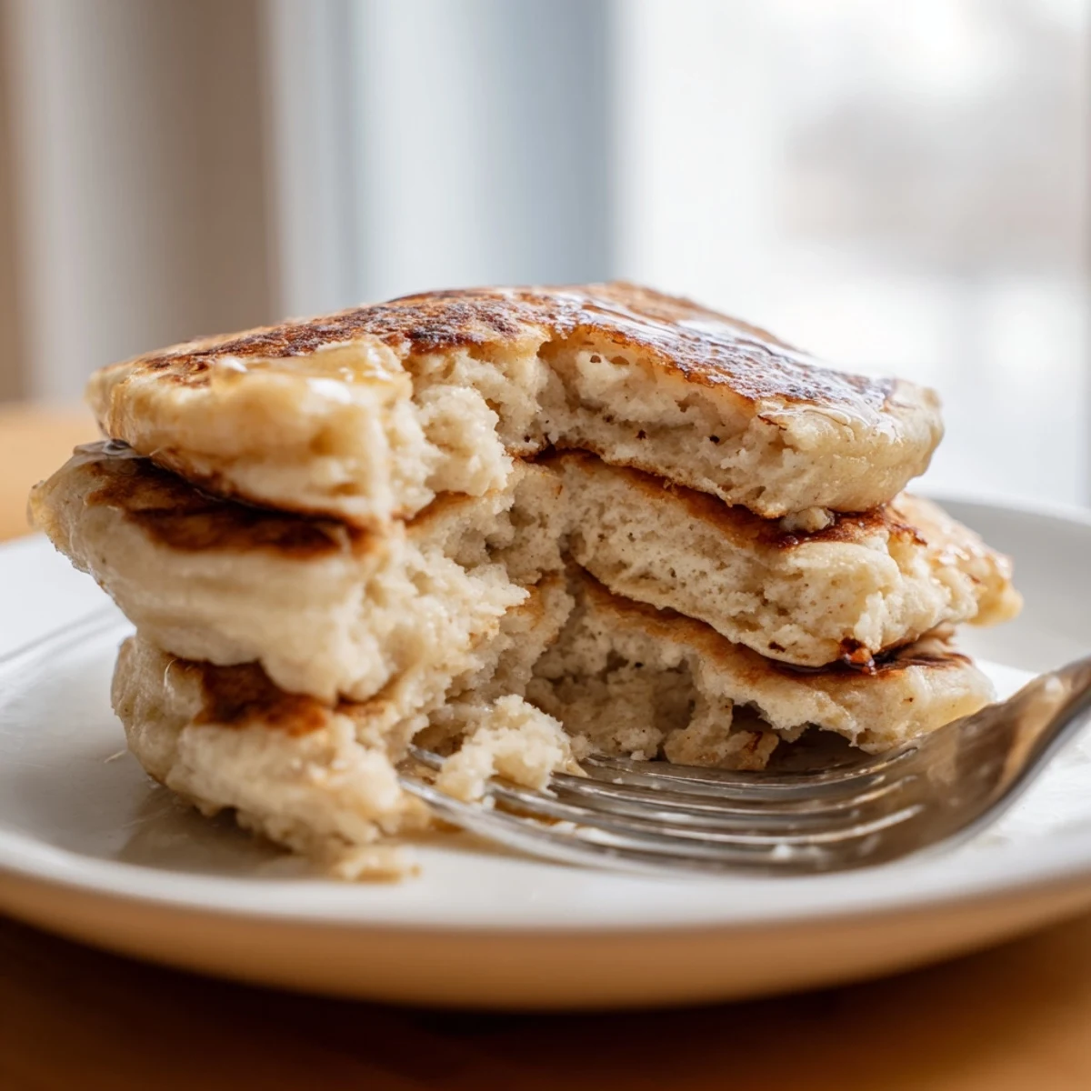 Fluffy Protein Power Pancakes stacked high, topped with fresh berries and a drizzle of maple syrup on a rustic plate.
