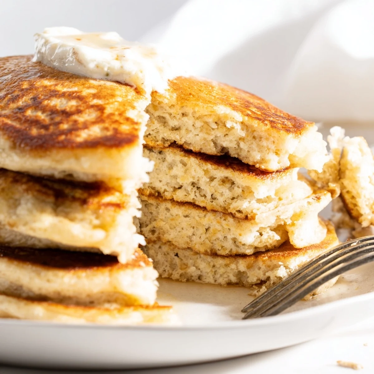 Plate of fluffy Protein Power Pancakes served warm with a side of fresh fruit and a glass of orange juice.