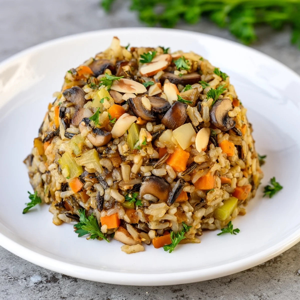 Warm Wild Rice and Mushroom Pilaf, fluffy grains mixed with earthy vegetables in a rustic bowl.