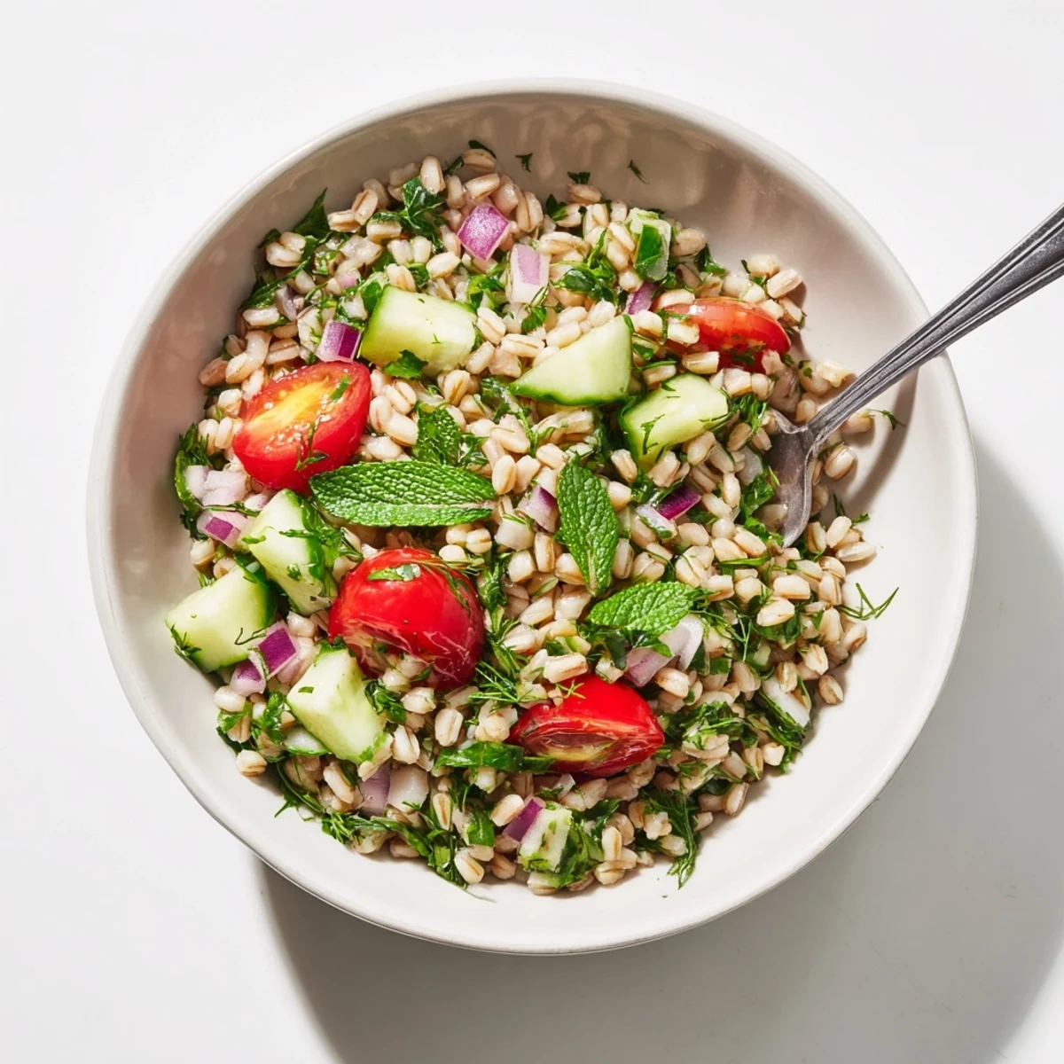 Freshly cooked pearl barley is mixed with chopped mint, parsley, and diced cucumbers in a bright green bowl for a vibrant salad.