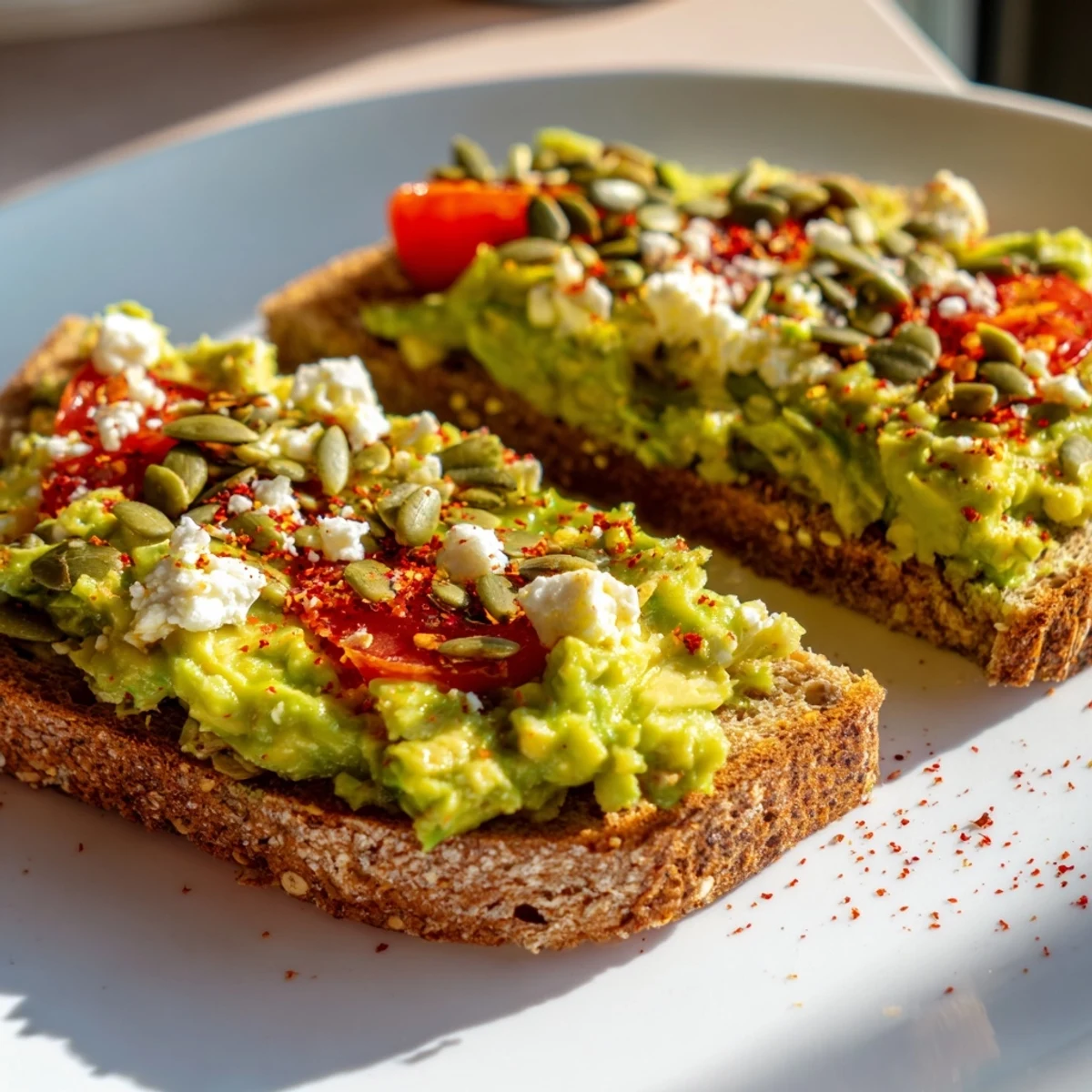 Toasted whole grain bread spread with avocado and garnished with crumbled feta for extra flavor.