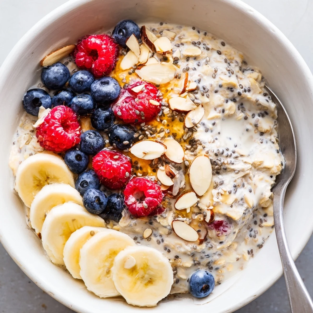 A jar of overnight oats with chia seeds, topped with fresh blueberries, sliced banana, and almond slivers for a creamy breakfast.  