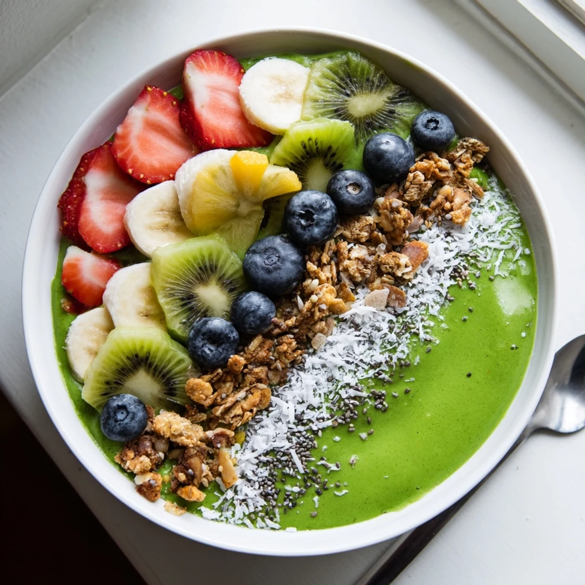 A close-up of a nutritious Green Smoothie Bowl with granola, coconut flakes, and colorful fruit toppings.