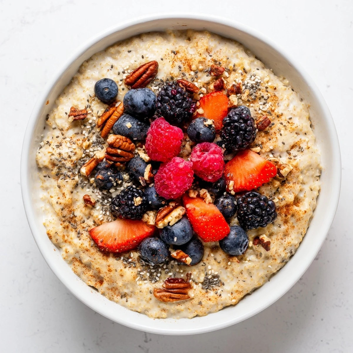 Creamy millet porridge with warm spices and fresh berries, served in a rustic ceramic bowl for a nourishing breakfast.  