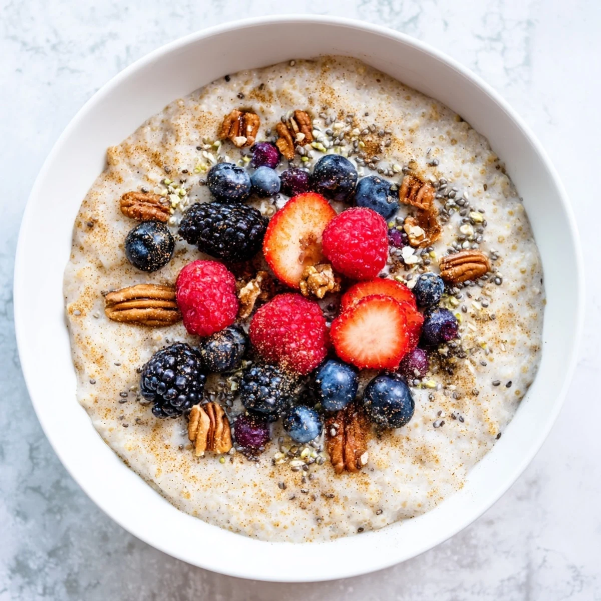 Hearty millet porridge topped with antioxidant-rich berries and crunchy nuts, perfect for a cozy gluten-free morning meal.  